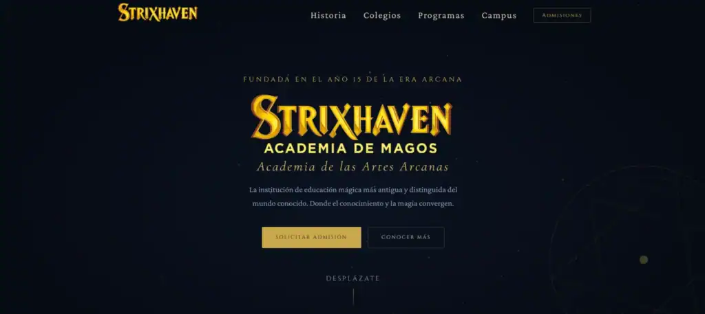 simongbn-Strixhaven-pantalla-principal Pantalla principal del portal web de Strixhaven con el logotipo central de la Academia de Magos y menú de navegación superior.