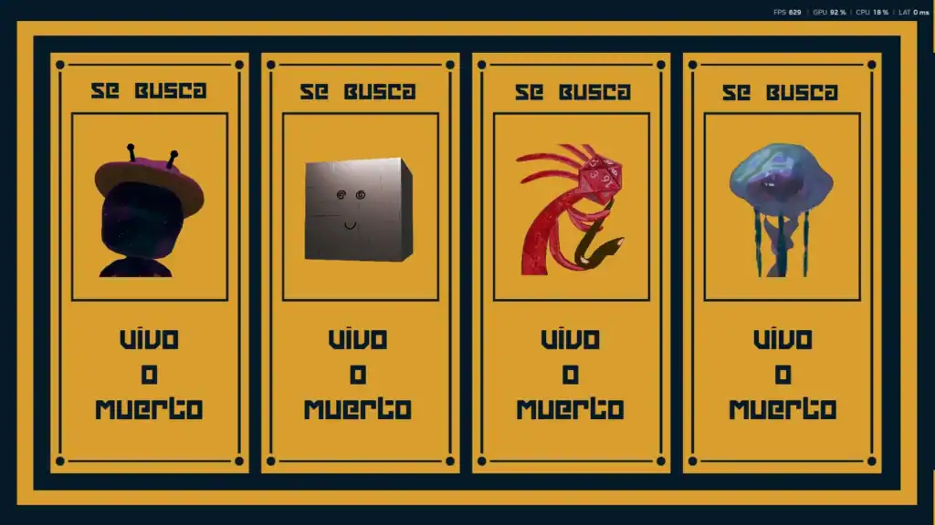 simongbn-Ballad-of-the-writer-menu-personaje Interfaz de selección de personaje con diseño de carteles de "Se Busca" en el juego Ballad of the Writer.