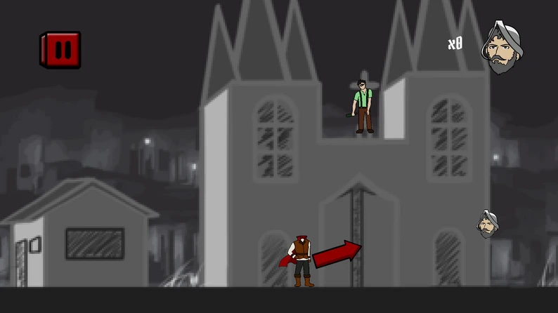 simongbn-Cazacabezas-gameplay-2 El Jinete sin Cabeza avanzando en el juego Cazacabezas, mostrando un indicador de dirección rojo frente a una iglesia.