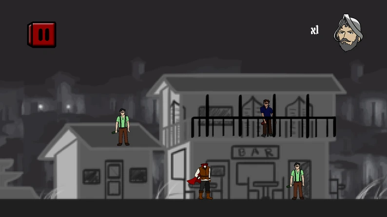 simongbn-Cazacabezas-gameplay Gameplay de Cazacabezas en Unity mostrando al personaje principal frente a un bar en un entorno de plataformas 2D.