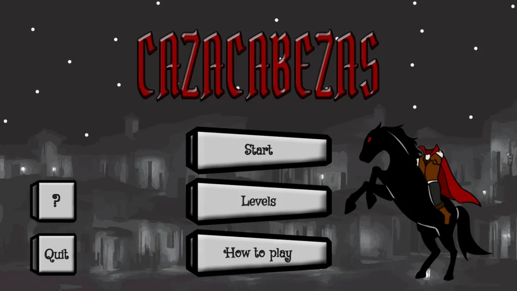 simongbn-Cazacabezas-menu-principal Interfaz del menú principal del juego Cazacabezas con opciones de Start, Levels y How to play.