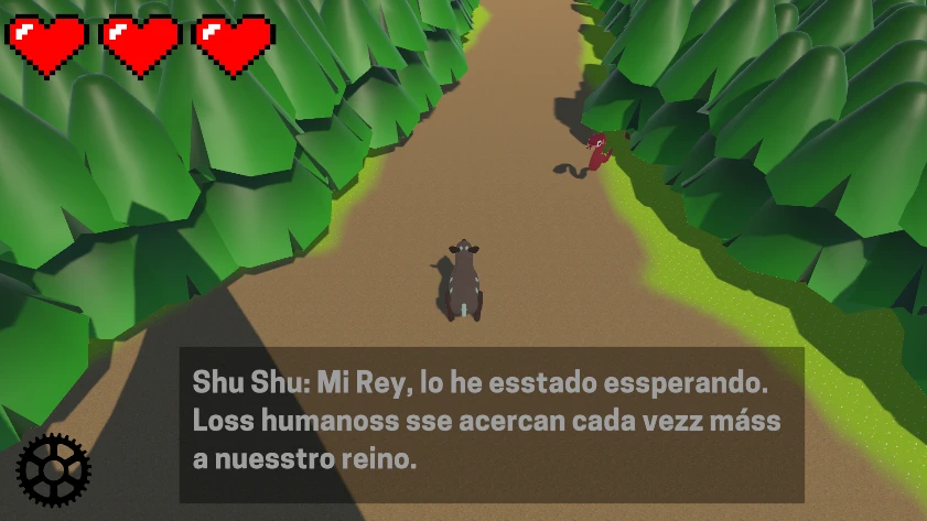 simongbn-El-rey-del-bosque-Inicio Escena de inicio en 3D de El Rey del Bosque mostrando un ciervo y una serpiente con un cuadro de diálogo narrativo.