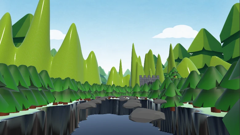 simongbn-El-rey-del-bosque-vr-2 Entorno de Realidad Virtual en El Rey del Bosque mostrando rocas flotantes sobre un abismo con un castillo al fondo.