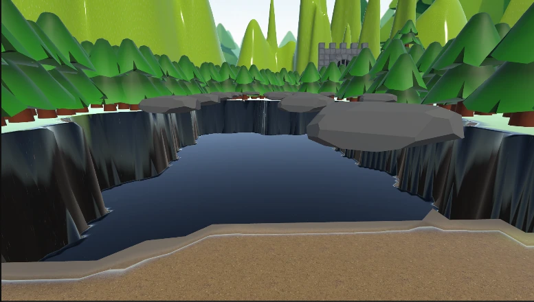 simongbn-El-rey-del-bosque-vr-3 Perspectiva inmersiva de plataformas de roca flotantes cruzando un lago oscuro en el juego de VR.