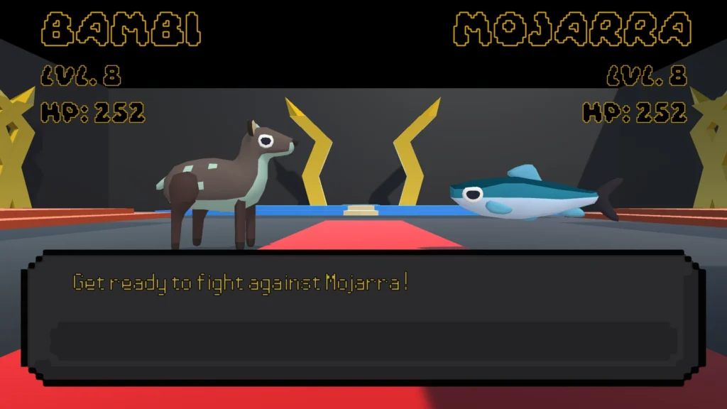 simongbn-Eucariamon-combate-2 Interfaz de batalla 3D en Eucariamon mostrando los niveles y puntos de vida de los personajes Bambi y Mojarra.