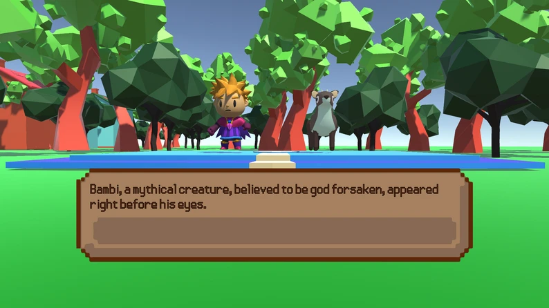 simongbn-Eucariamon-inicio Pantalla de inicio de la aventura 3D con los personajes Ethan y Bambi en el bosque del RPG Eucariamon.