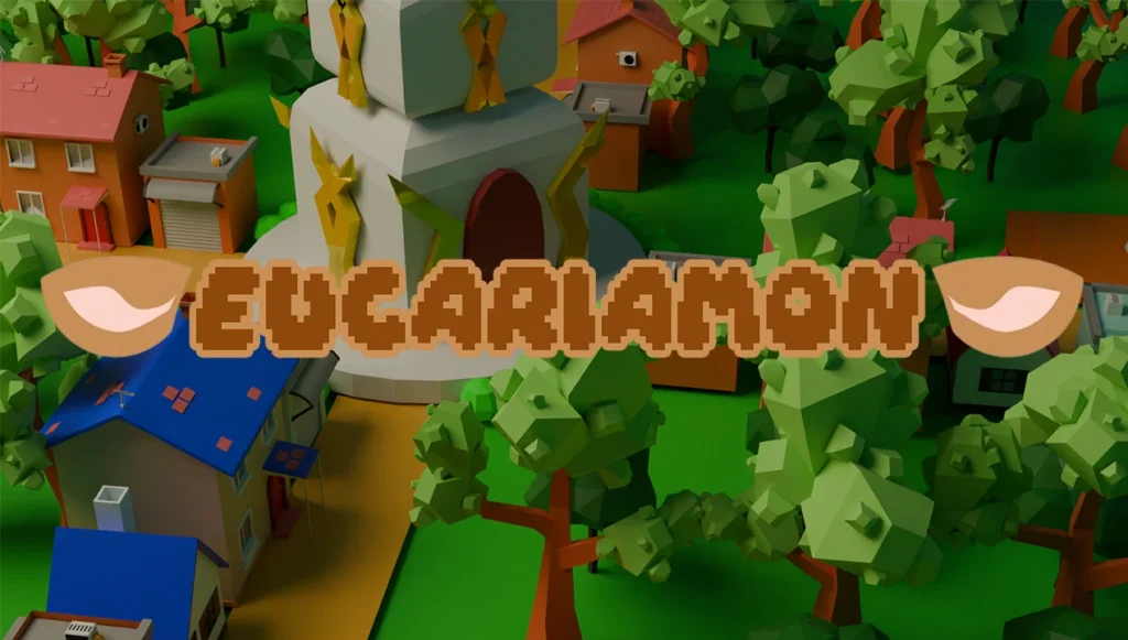 simongbn-Eucariamon-menu-principal Menú principal del juego RPG 3D Eucariamon con el logotipo centrado sobre un fondo 3D de la aldea.