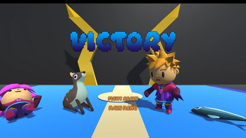 simongbn-Eucariamon-victoria Pantalla de victoria mostrando el texto Victory junto a Ethan y Bambi tras ganar un combate en Eucariamon.