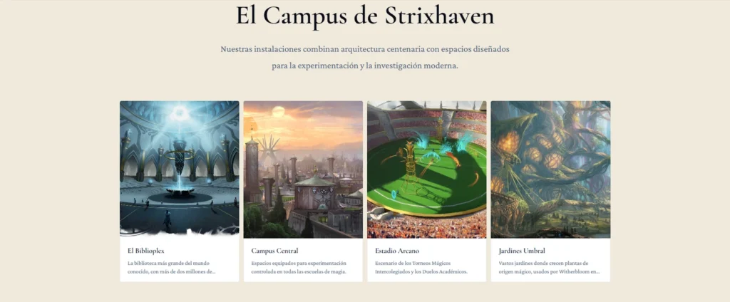 simongbn-Strixhaven-campus Sección del campus de Strixhaven mostrando tarjetas con ilustraciones de El Biblioplex, Campus Central, Estadio Arcano y Jardines Umbral.