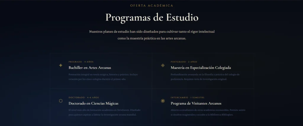 simongbn-Strixhaven-programas Sección de oferta académica en el portal de Strixhaven mostrando los programas de estudio en un diseño estructurado.