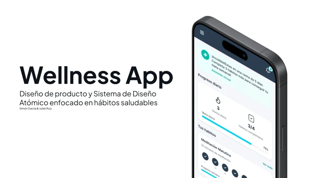 simongbn-Wellness-App Portada del proyecto Wellness App mostrando el diseño de producto y sistema de diseño atómico para hábitos saludables.