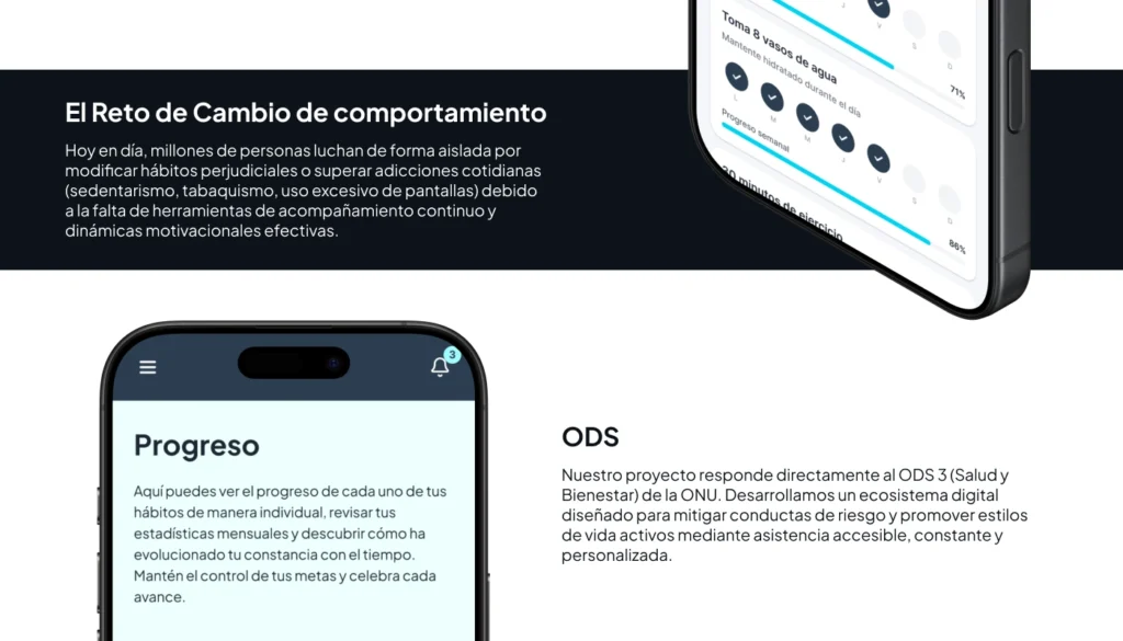 simongbn-Wellness-app-2 Interfaz móvil de progreso en Wellness App, diseñada para abordar el ODS 3 y el reto de cambio de comportamiento.