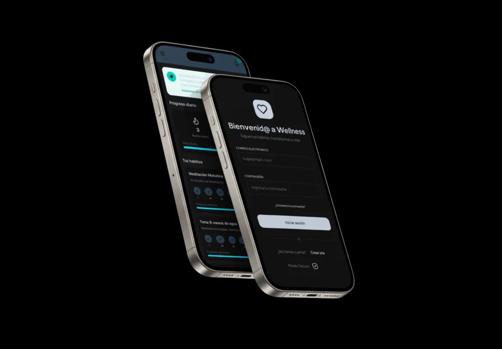 simongbn-Wellness-mockup-dark Interfaz móvil y pantallas de la aplicación Wellness App optimizadas con diseño ui/ux y atomic design.