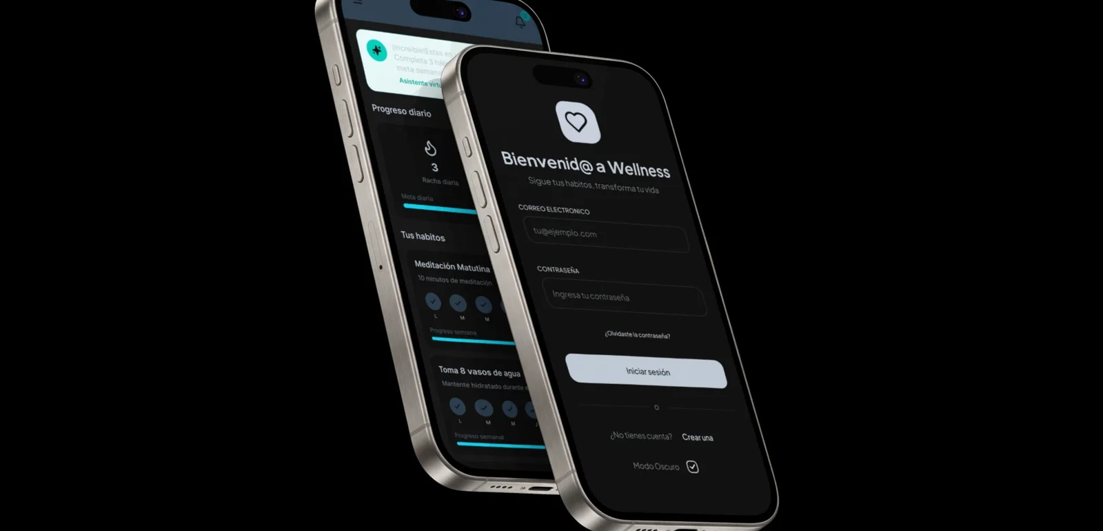 Interfaz móvil y pantallas de la aplicación Wellness App optimizadas con diseño ui/ux y atomic design.