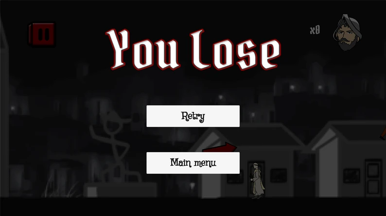-simongbnCazacabezas-menu-muerte Pantalla de Game Over en Cazacabezas con el texto You Lose y opciones de reintento.