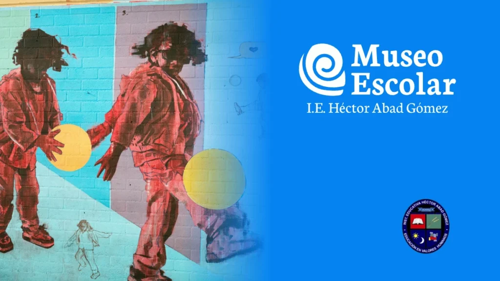 simogbn-hector-abad Logo del Museo Escolar I.E. Héctor Abad Gómez junto a un mural de un niño jugando con un balón amarillo. para el portal web interactivo