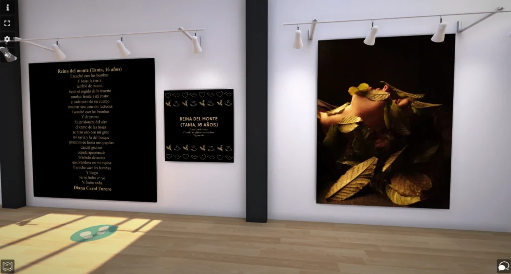 simongbn-camino-a-la-verdad-10 Pared de museo virtual mostrando un poema, un cuadro con el título Reina del Monte y una fotografía conceptual.