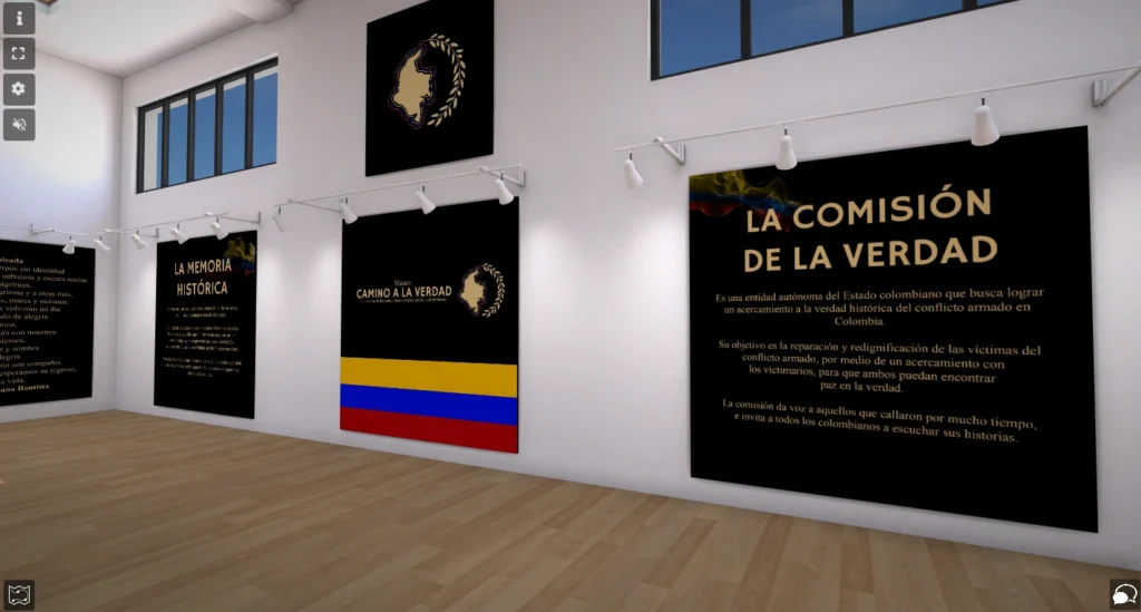 simongbn-camino-a-la-verdad-11 Pared del museo virtual en 3D con paneles informativos sobre la memoria histórica y la comisión de la verdad.