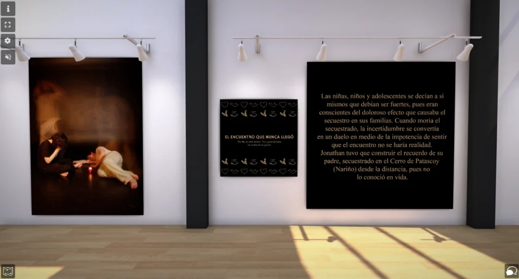 simongbn-camino-a-la-verdad-12 Sala del museo virtual con una fotografía conceptual y un panel narrando el impacto del conflicto en los niños.