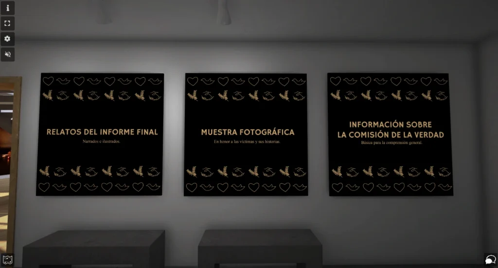 simongbn-camino-a-la-verdad-13 Paneles de texto en el museo virtual indicando las secciones de relatos, muestra fotográfica e información de la comisión.