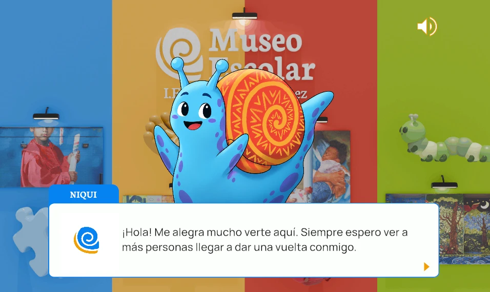 simongbn-hector-abad-5 Mascota digital Niqui, un caracol azul sonriente, dando un mensaje de bienvenida en el museo.